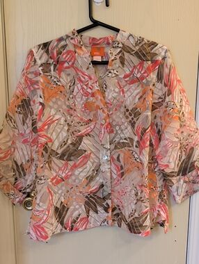 Hearts of Palm Watercolor Leaf Burnout Blouse | Size 10 | Roll-Tab Sleeves
